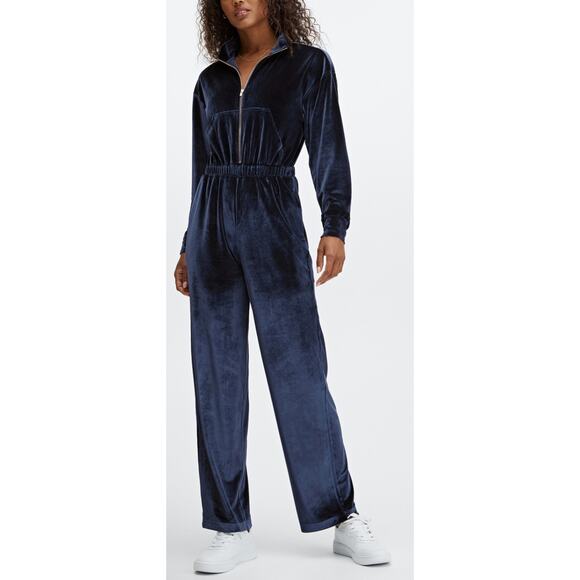 Fabletics Velour Zip Wide Leg Jumpsuit Navy Blue L Loungewear Y2K Athleisure - Picture 1 of 11